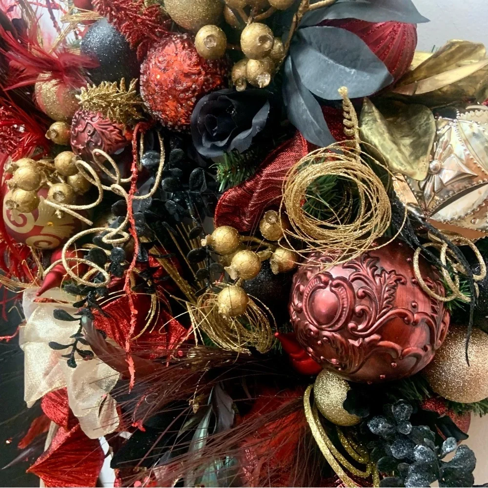 Elegant Unique Floral Christmas Contemporary Black Red Gold Door Wall Wreath